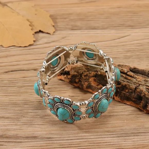 Silver Tone Faux Turquoise Western Stretch Bracelet - Picture 2 of 2